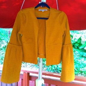 Mustard Yellow Bell Sleeve Open Cardigan Blazer